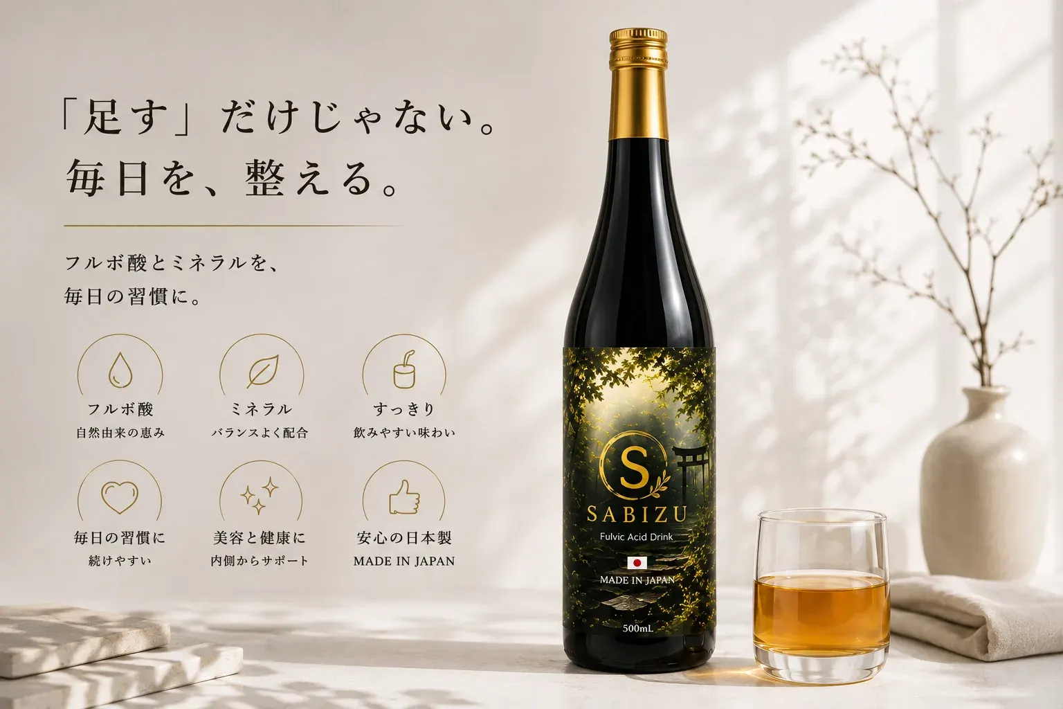 SABIZU(サビズ)の商品バナー。フルボ酸とミネラルを、毎日の習慣に。すっきり飲みやすい味わい・安心の日本製